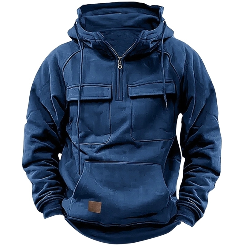 Mens halfzip tactical hooded sweatshirt solidcolor warm fleece workwear style sweatshirt mens multipocket hooded jacket250828