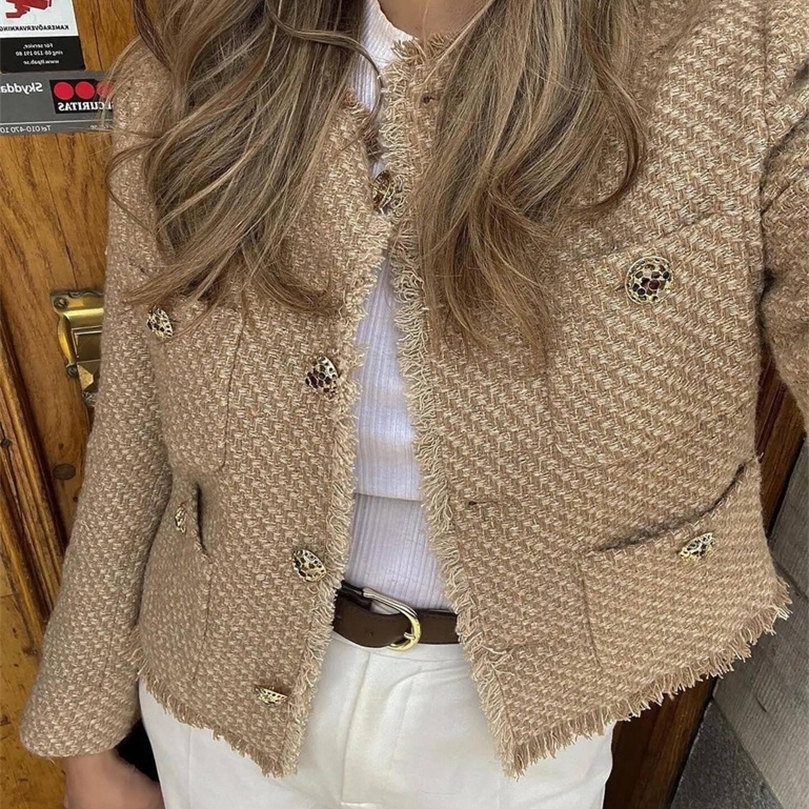 Chic Female Tweed Basic Jacket Coat Women Clothing Woolen Outerwear Long Sleeve Front Button Female Outerwear Chic Tops250828