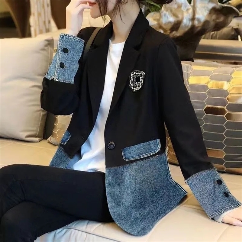 Autumn 2025 Fashion Korean Version Loose Women Denim Jacket Splicing Suit Ladies Denim Outerwear Elegant Female Jeans Coat 250828