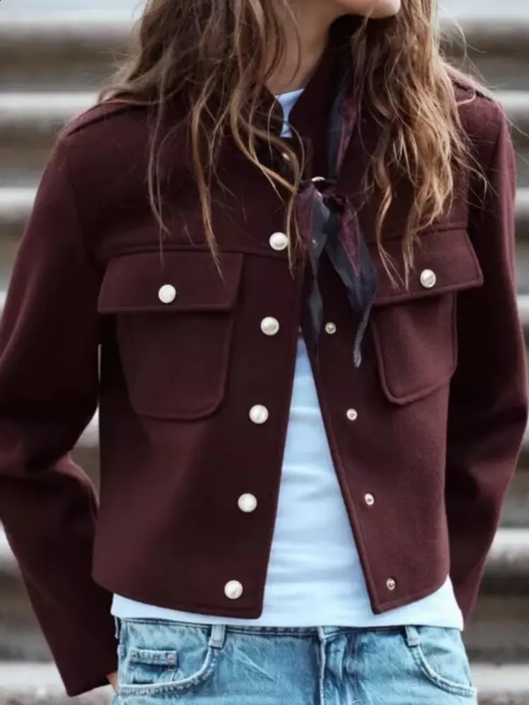 Womens Spring Autumn Vintage Wine Red Tweed Cropped Woolen Blends Jackets Female Elegant Buttons Pockets Streetwear Short Coats250828