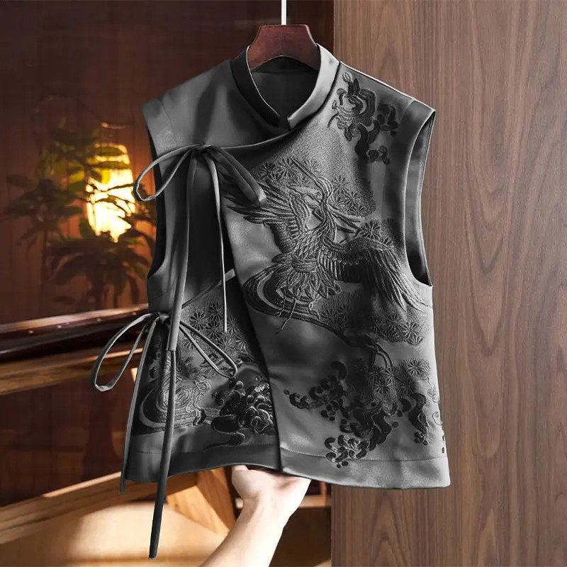 Chinese Style Outerwear Vest White CraneFlowers Embroidered Lacing Vests Vintage Spring And Summer Elegant Womens Clothing 250818