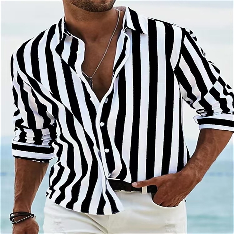 Fashion 2025 Mens Shirt Long Sleeve Striped Print Top Men Social Wear Hawaiian Elegant Classic S6XL y250828