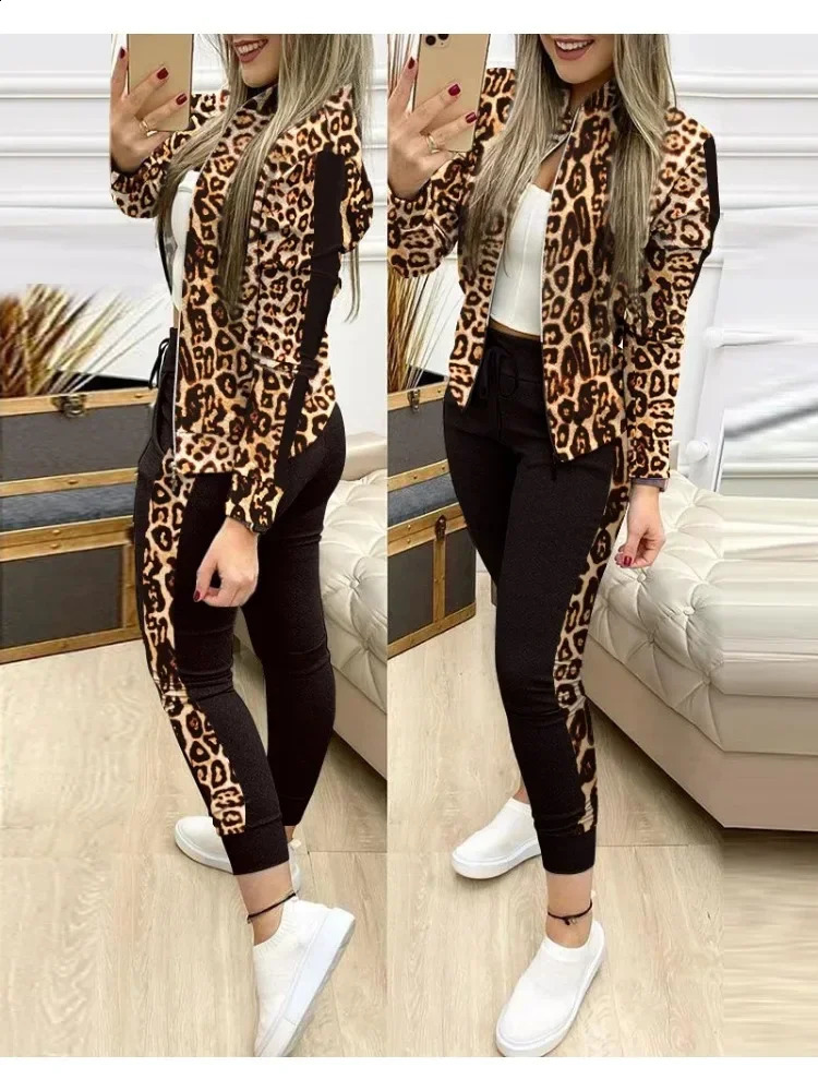 Trend Leopard 2 Two Piece Set Women Outfits Activewear Zipper Top Leggings Women Matching Set Tracksuit Female Outfits for Women 250828