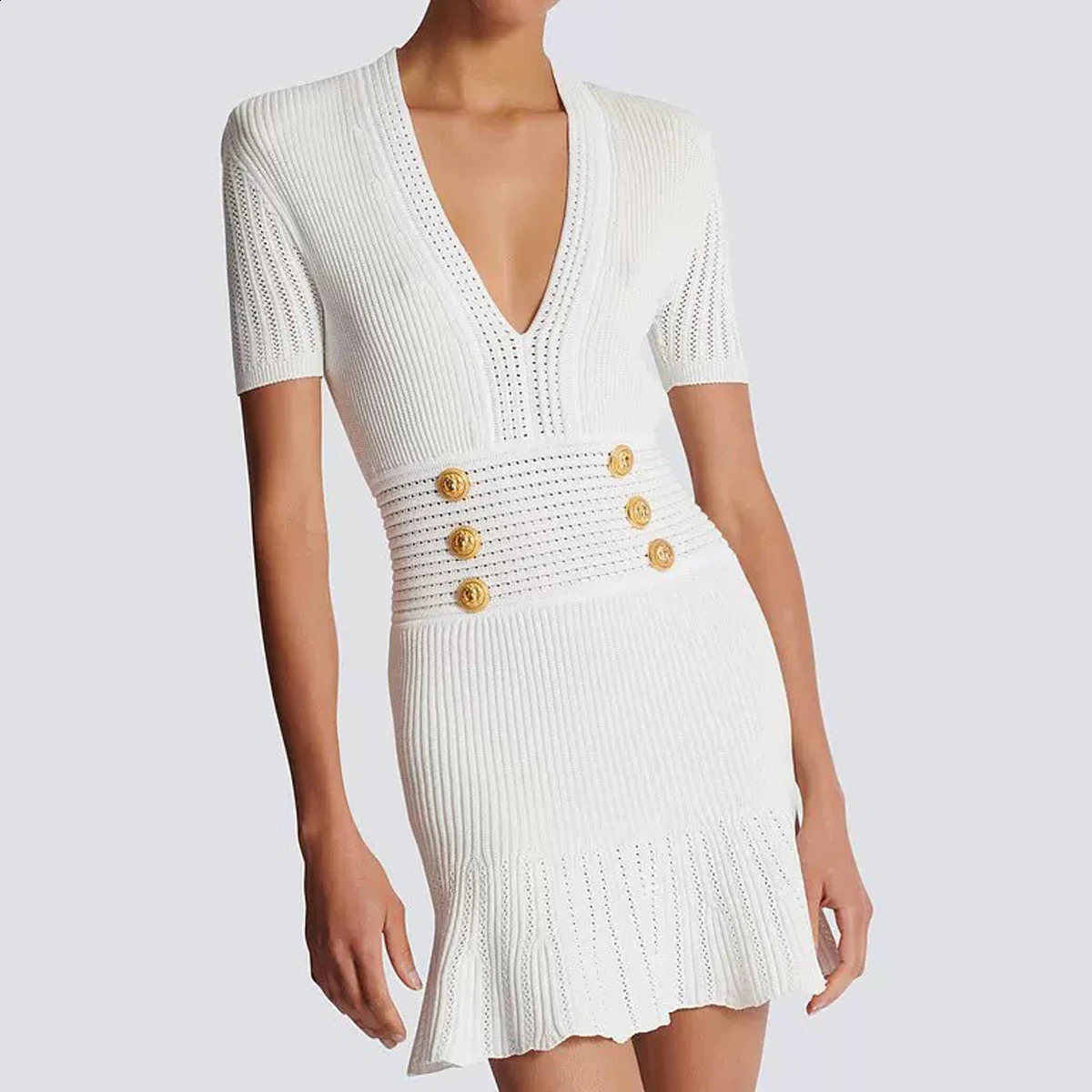 REALEFT Summer Vneck Knitted Womens Wrap Short Dresses 2025 High Waist Buttons Sheath Ruffles Sexy Mini Dress for 250828