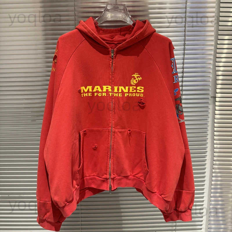 Fake Two Pieces Embroidery Flag Red Project G/R Hole Damaged Zipper Hoodie Men Women Vintage Washed Distressed Loose Pullovers T250829