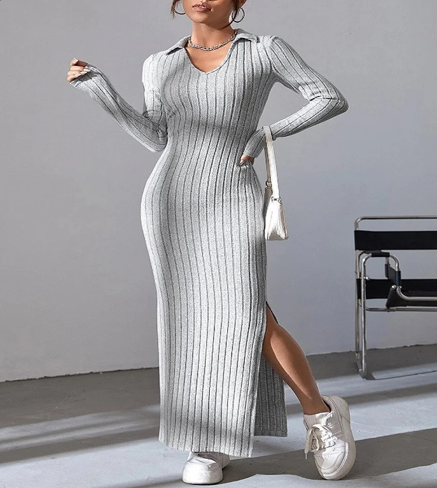 Spring and summer 2024 style knitted slim lapel long sleeve dress pit strip solid color tight skirt 250828