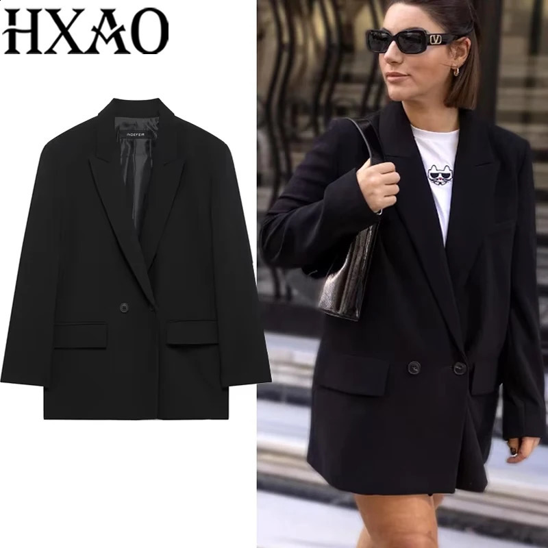 HXAO Womens Black Blazer In Jackets Office Casual Long Blazer Woman Spring 2025 Long Sleeve Oversized Solid Blazer 088 250828