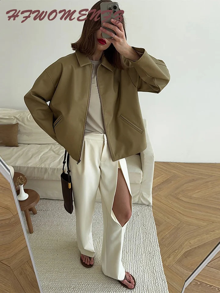 Vintage Leather Solid Women Coat Full Sleeve Zipper Female Jacket 2025 Fashion Elegant Autumn All Match Lapel Lady Outwear 250828