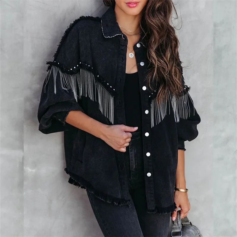 Fashion Chain Splicing Decoration Jacket Women Vintage Tassel Denim Coat Female Singlebreasted Cardigan Casual Loose Outerwear 250828
