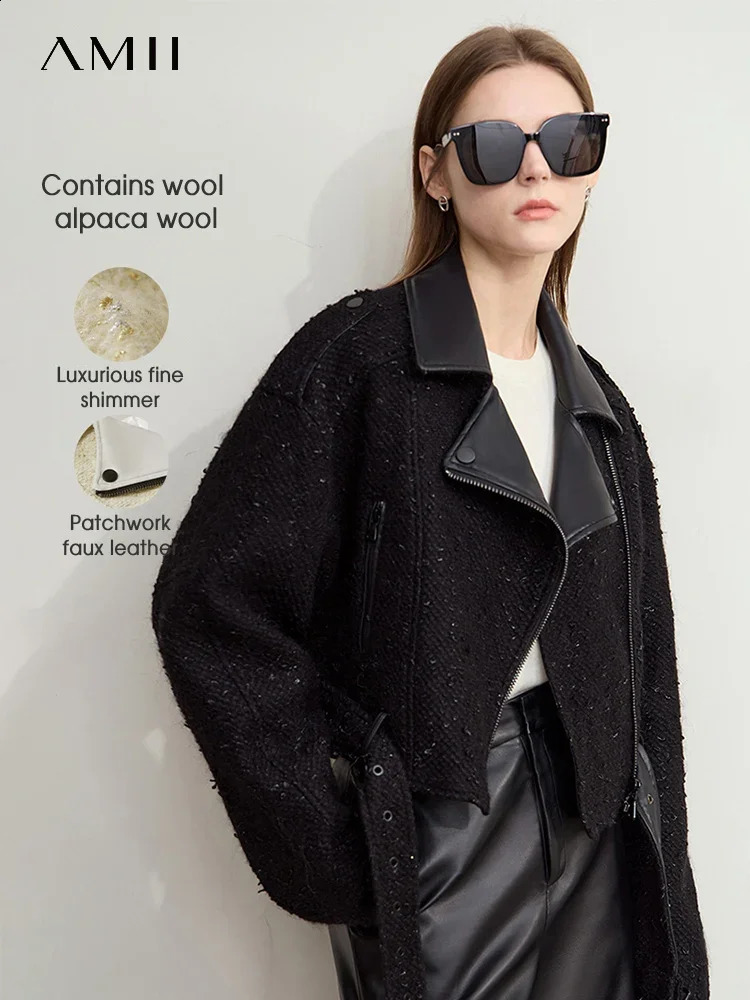 AMII Minimalist Womens Locomotive Style Woolen Coat Leather Spliced Oblique Placket with Belt Winter Cropped Coat 12444068 250828