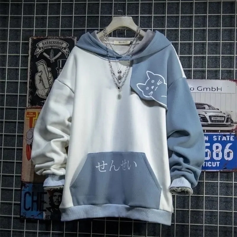 Japanese Style Spring Autumn Men Hoodie Hooded Cute Cat Print Patchwork Teen Hoodies Fashion Anime Harajuku Male Sweatshirt250828
