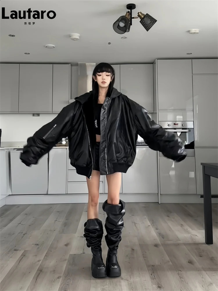 Lautaro Spring Winter Cool Oversized Thickened Warm Black Pu Leather Jacket Women High Quality American Retro Fake Two Clothing 250828