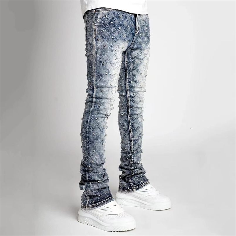 Blue Preppy Skinny Jeans for Men, Blue Acetate Denim with Stretch Pearls Detail, Spring and Summer Stacked Fit