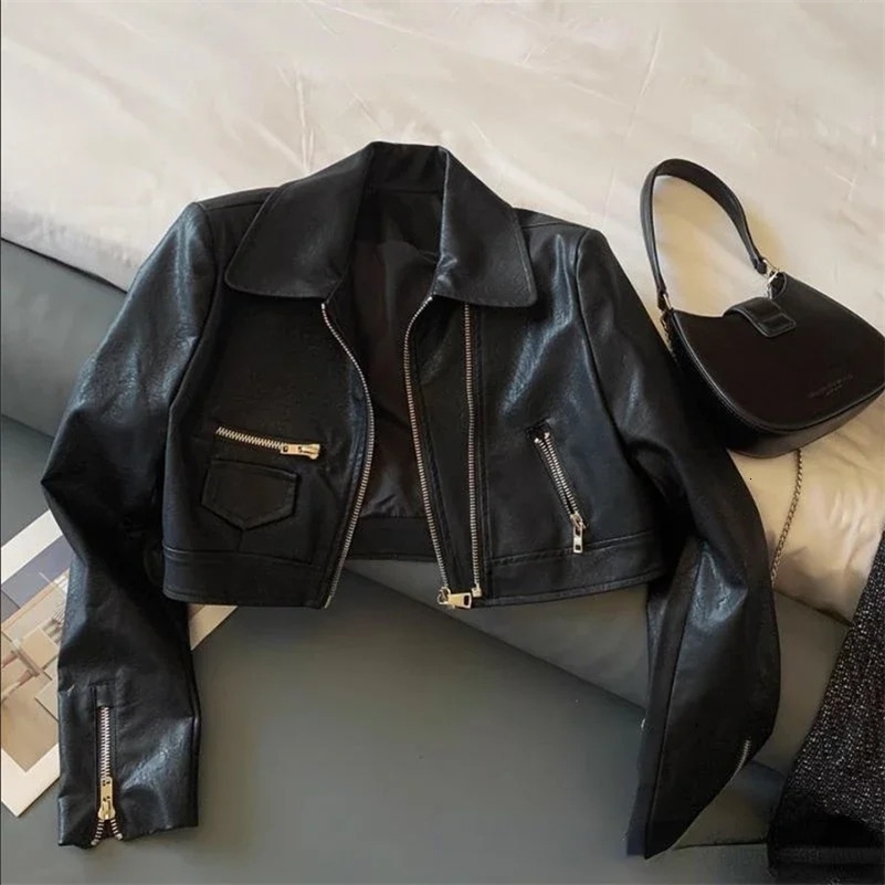 Fashion PU Faux Leather Coat Jacket Women Street Wear Motorcycle Short Double Zipper Long Sleeve Pockets y250828