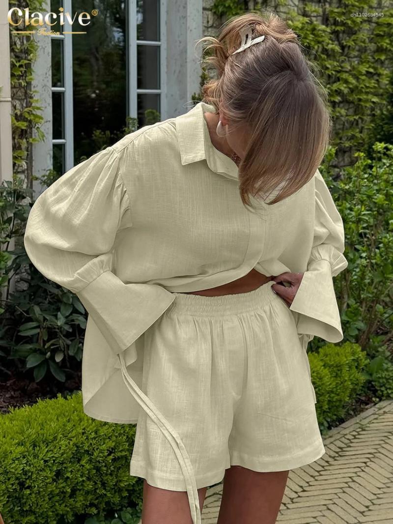 Women's Tracksuits Clacive Fashion Loose Beige Cotton Two Pieces Set Elegant Long Sleeve Shirt With High Waist Shorts Female Clothing