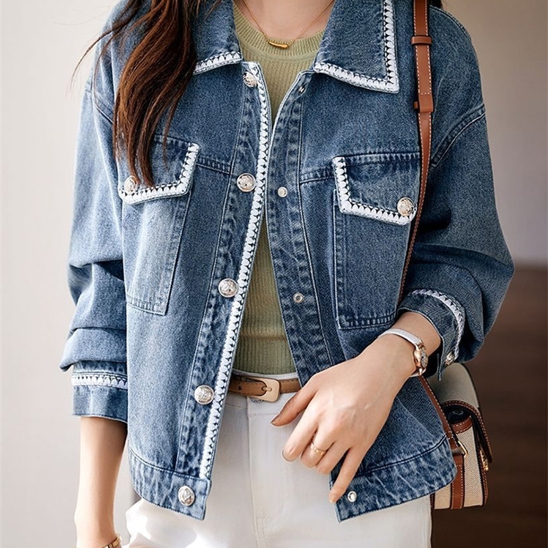 Autumn Winter Fashion Retro High Street Y2K Casual Long Sleeved Womens Versatile Jacket Korean Women Blue Collar Denim Jacket 250828