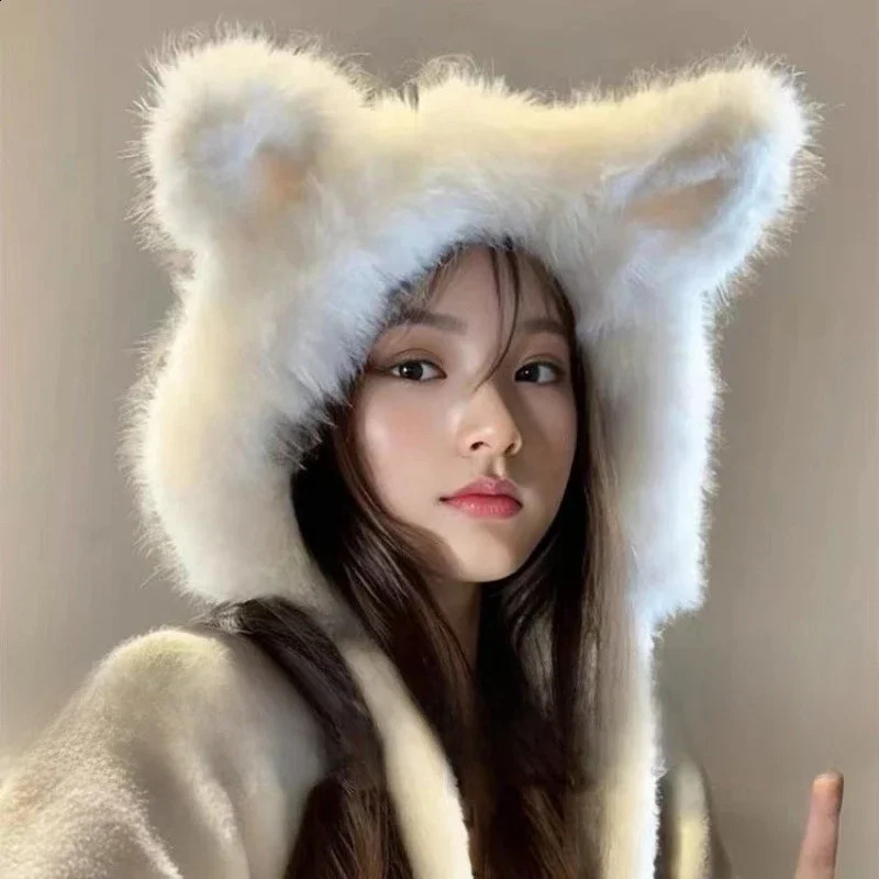 Cute Plush Ear Protection Hat Korean Women Winter Warm Tie Headgear Thicken Fluffy Fur Earmuffs Cap Girl Beanies Bonnet 250821