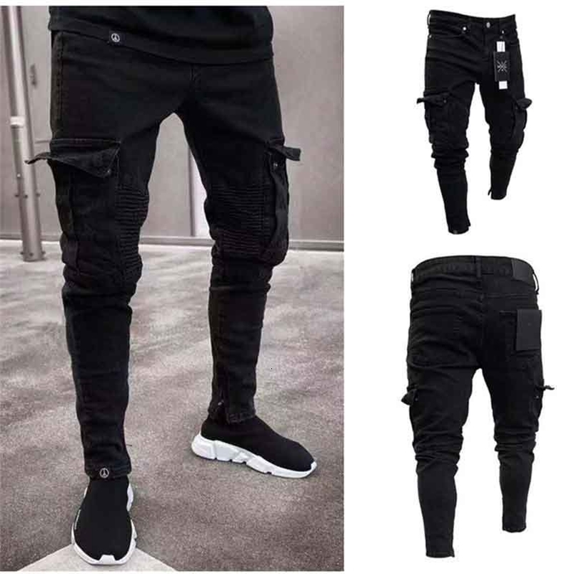 Mens Black Side Many Pockets Cargo Jeans Fashion Hole Zipper Small Foot Denim Pants Cotton Elastic Jogging Trousers Streetwear250828