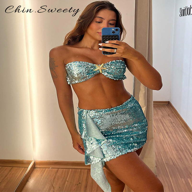 Sexy Sequined Bikini 2 Pieces Set For Woman Solid Strapless Sleeveless Crop Tops Slim Aline Mini Skirts Lady Summer Outfit 250828