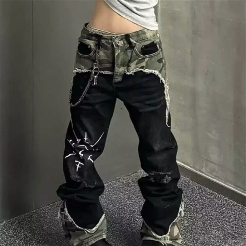American Street Vintage Washed Camouflage Stitching Jeans Men And Women Y2K High Street Hip Hop Straight Baggy Slim Pants 250828