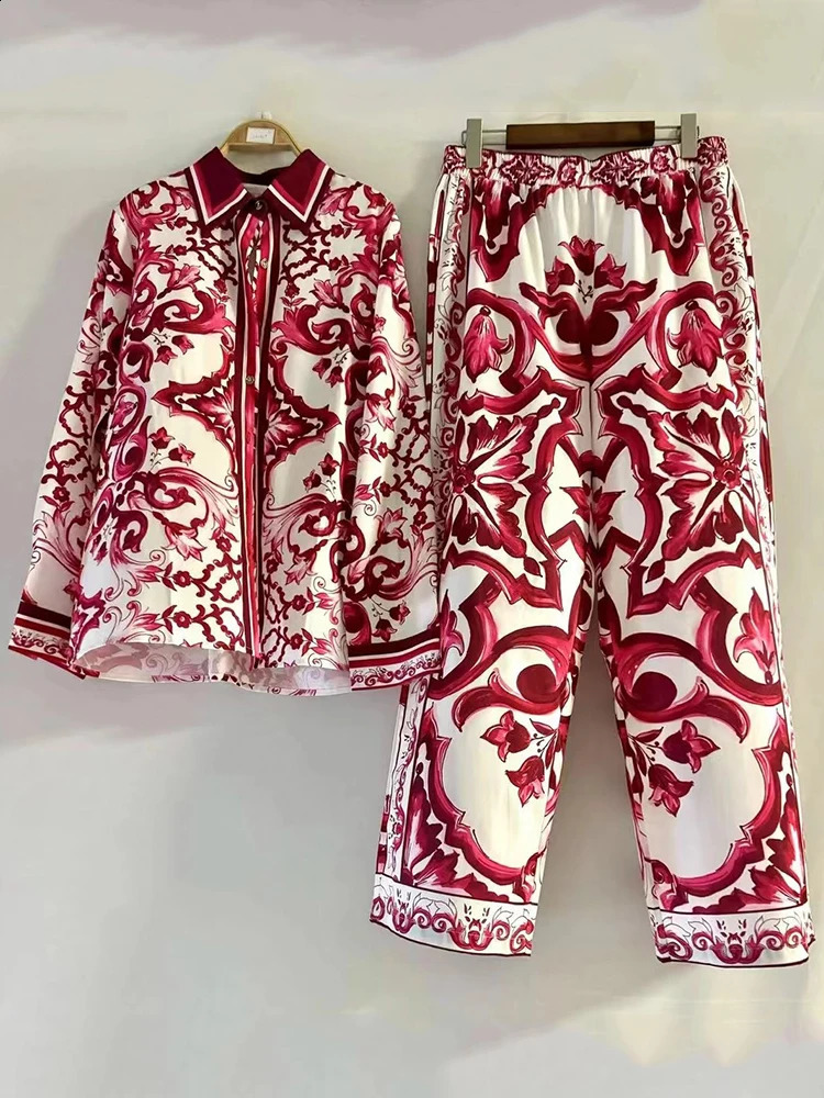 Retro geometric print lapel straight leg shirt twopiece set for spring 2025 womens clothingloose wide leg pants fashion set 250828