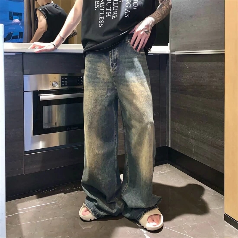 Men Vintage Wash Jeans Male Fashion Baggy Straight Wide Leg Casual Denim Trousers High Street Long Pants250828