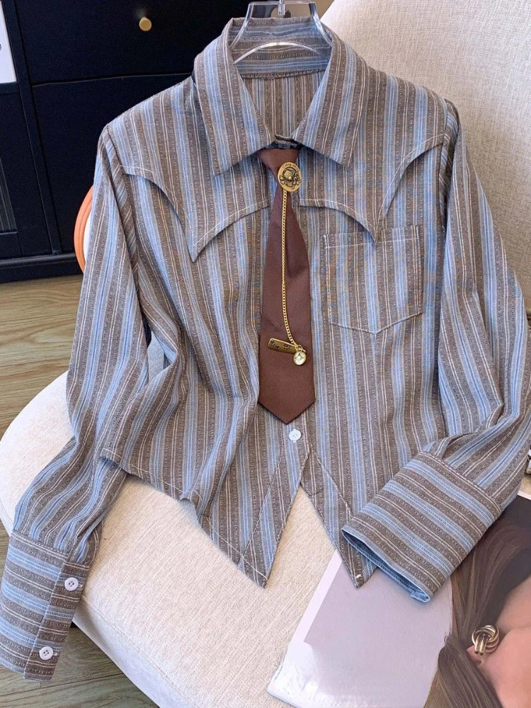 Spring Autumn Shirts Striped Irregular Patchwork Crop Tops Long Sleeve Blouses All Match Fashion Vintage Womens Clothing 250828