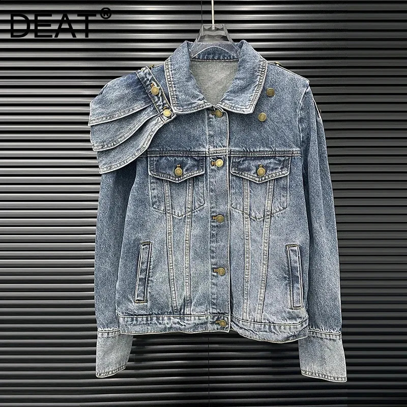 DEAT Fashion Items Vintage Detachable Shoulder Pad Denim Jacket For Women Niche n High Street Coat Female 11A05870 250828
