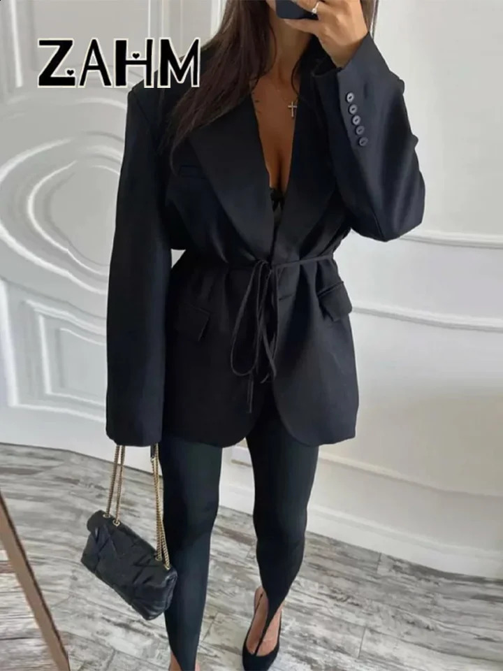 Casual Belt Loose Women Blazer Single Button Long Sleeve Lapel Solid Female Coats 2025 Autumn Lady Street Outwear 250828