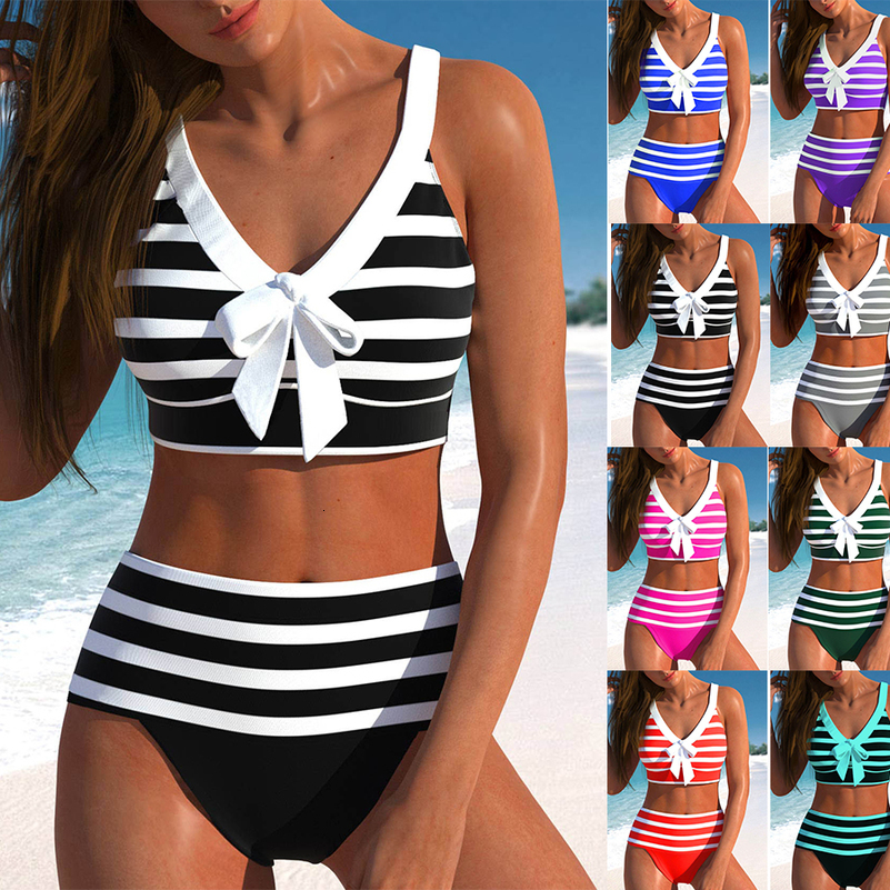 Womens Summer Twopiece Swimsuit with Black and White Printed Sexy Lace Up Casual Beach Swimsuit S6XL 250828