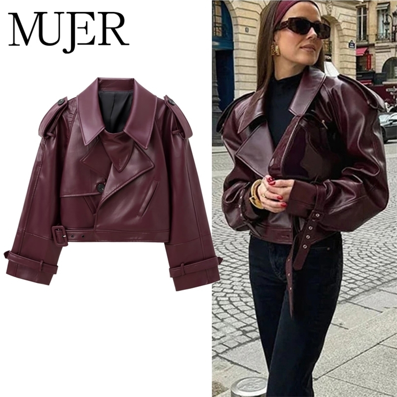 MUJER Faux Leather Bomber Jackets for Women Fashion Cropped Jacket Woman Streetwear Outerwears Long Sleeve Jacket Women Coats250828