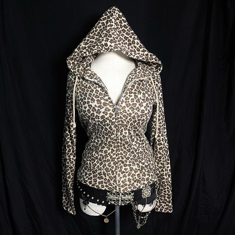 Harajuku Leopard print Grunge Goth Y2K Zip up hoodie Fashion Punk Zipper Hoodie sweatshirt Streetwear Hip Hop Oversized Clothes 250828