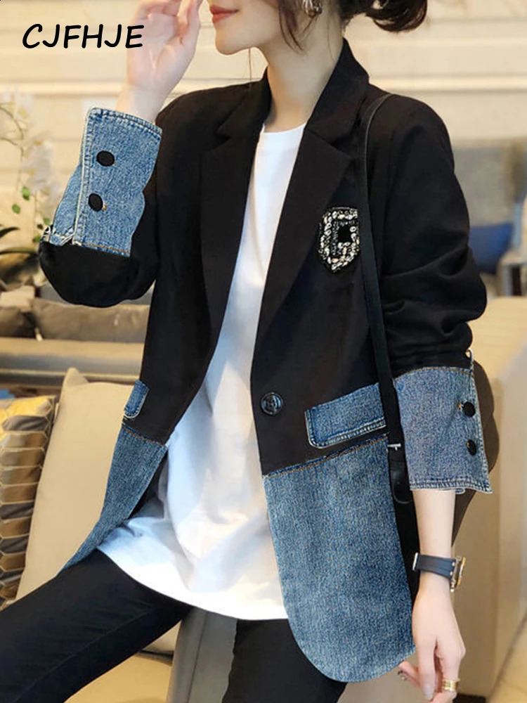 CJFHJE Small Suit Jacket Female Spring Autumn n Sense Niche Korean Fashion Denim Irregular Stitching Top Jacket Women 250828