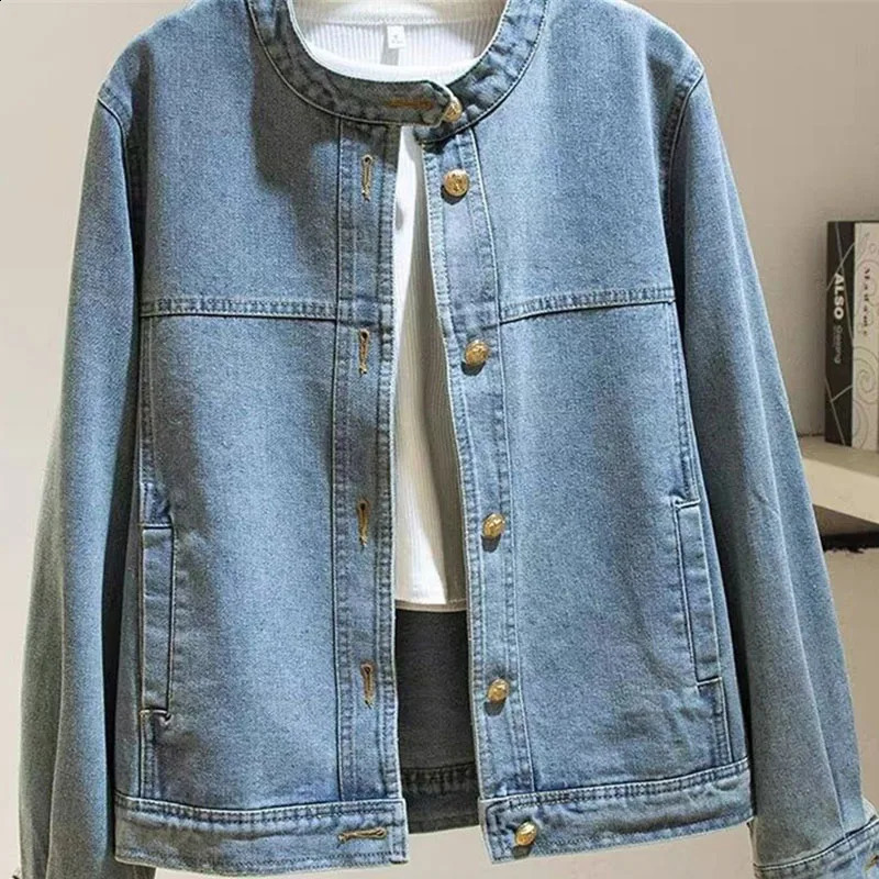 Retro Lady Standup Collar Jeans Top Outwear 2025 Femme Leisure Short Denim Coat Spring Autumn Women Long Sleeves Cow Jacket 250828