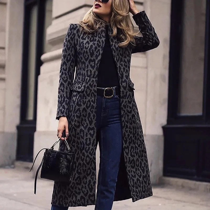 Fashionable Leopard Print Black Womens Coat Medium Length Paris Spring Street Style Windbreaker Elegant Female Outerwear 250818