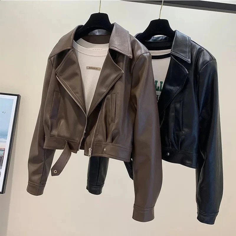 European Leather Jacket Womens Coat 2025 Autumn Style Temperament Lapel Small Short PU Leather Slimming Versatile Jackets 250828