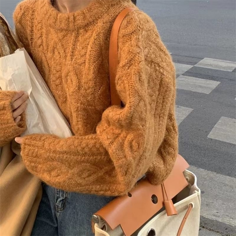 Short Sweater Women Winter Japanese Style Oversized Cropped Knit Pullover Y2K Vintage Cable Knit Orange Top Loose Casual Sweater 250828