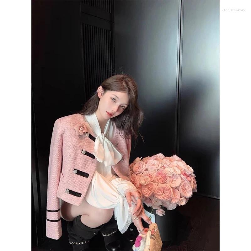 Women's Jackets Elegant Pink Tweed Jacket Women Fashion Cropped Patchwork Coats Autumn Office Ladies Korean Long Sleeve Design Short