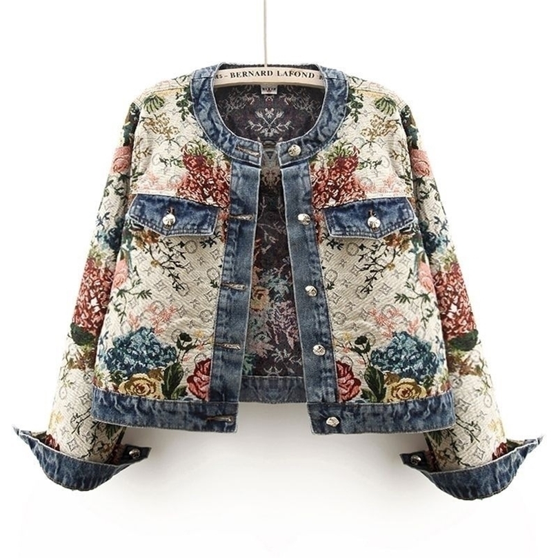 Chinese retro jacquard longsleeved round neck denim jacket womens spring fashion temperament short Joker little jacket.250828