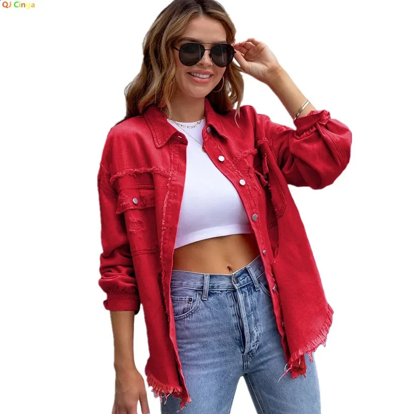 Purple Womens MidLength Raw Edge Ripped Denim Jacket Red Long Sleeve Casual Lapel Coats Top Green Blue Yellow Gray Optional 250828