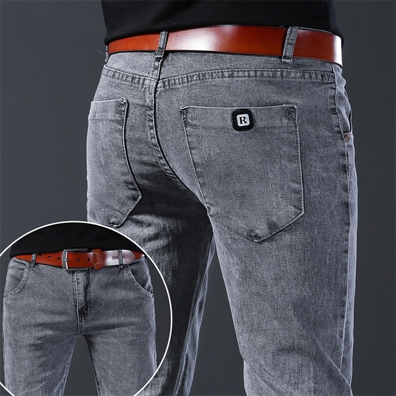 style jeans mens slim fit Korean style comfortable straight leg elastic gray mid waist pants mens casual denim pants250828