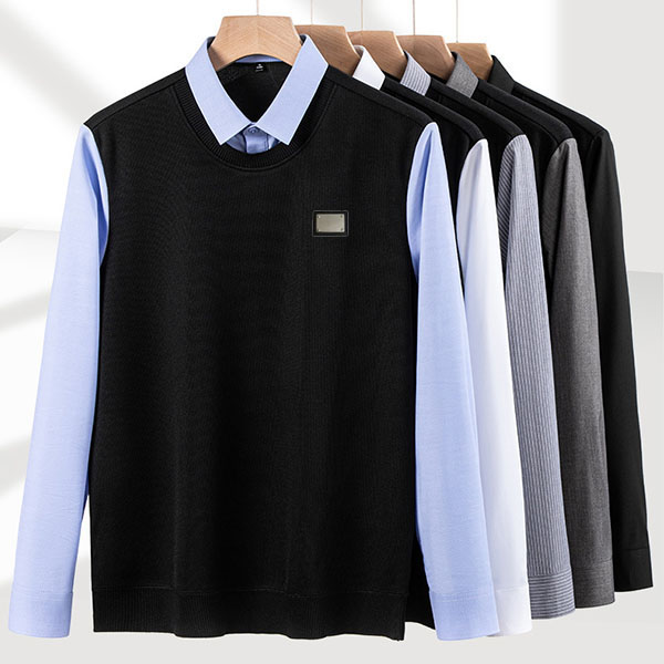 Men's Dress Shirts Business shirt slim fit versatile non ironing men's long sleeved shirt Winter warm plush thick fake two-piece sweater m