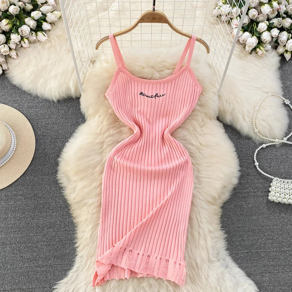Pink 2024 Letters Knitted Women Dress Summer Strap Sleeveless Bodycon Europe Style Ladies Sexy Mini Short 250828