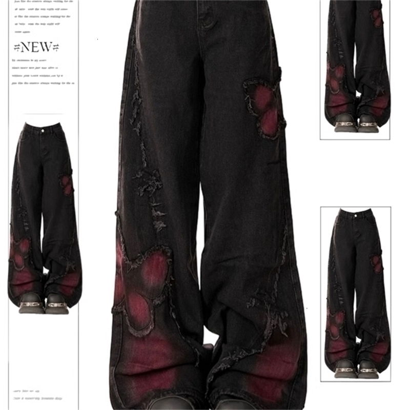 Womens Baggy Butterfly Jeans Vintage 90s Aesthetic Cowboy Pants Harajuku Oversize Denim Trousers Y2k 2000s Black Gothic Clothes250828