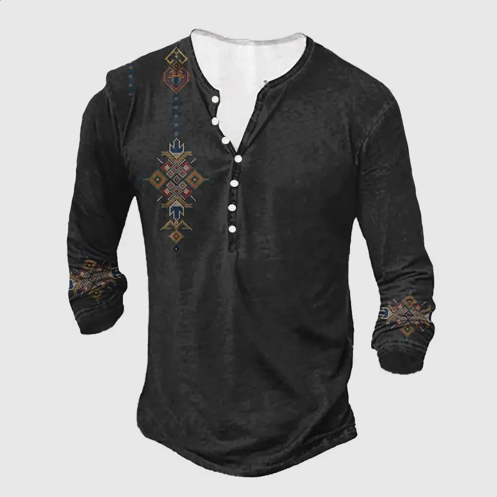Vintage Fashion Mens Tshirt Long Sleeve Button Up Top Ethnic Graphics 3d Printed Tshirt Autumn Men Oversized Loose Clothing 250828