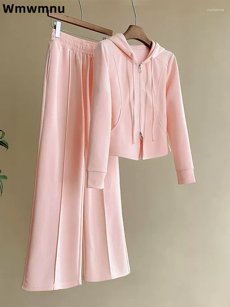 Women's Two Piece Pants Fashion Sports Korean Conjuntos Slim Fit Cardigan Hooded Zipper Ensembles Casual Straight Wide Leg 2 Set
