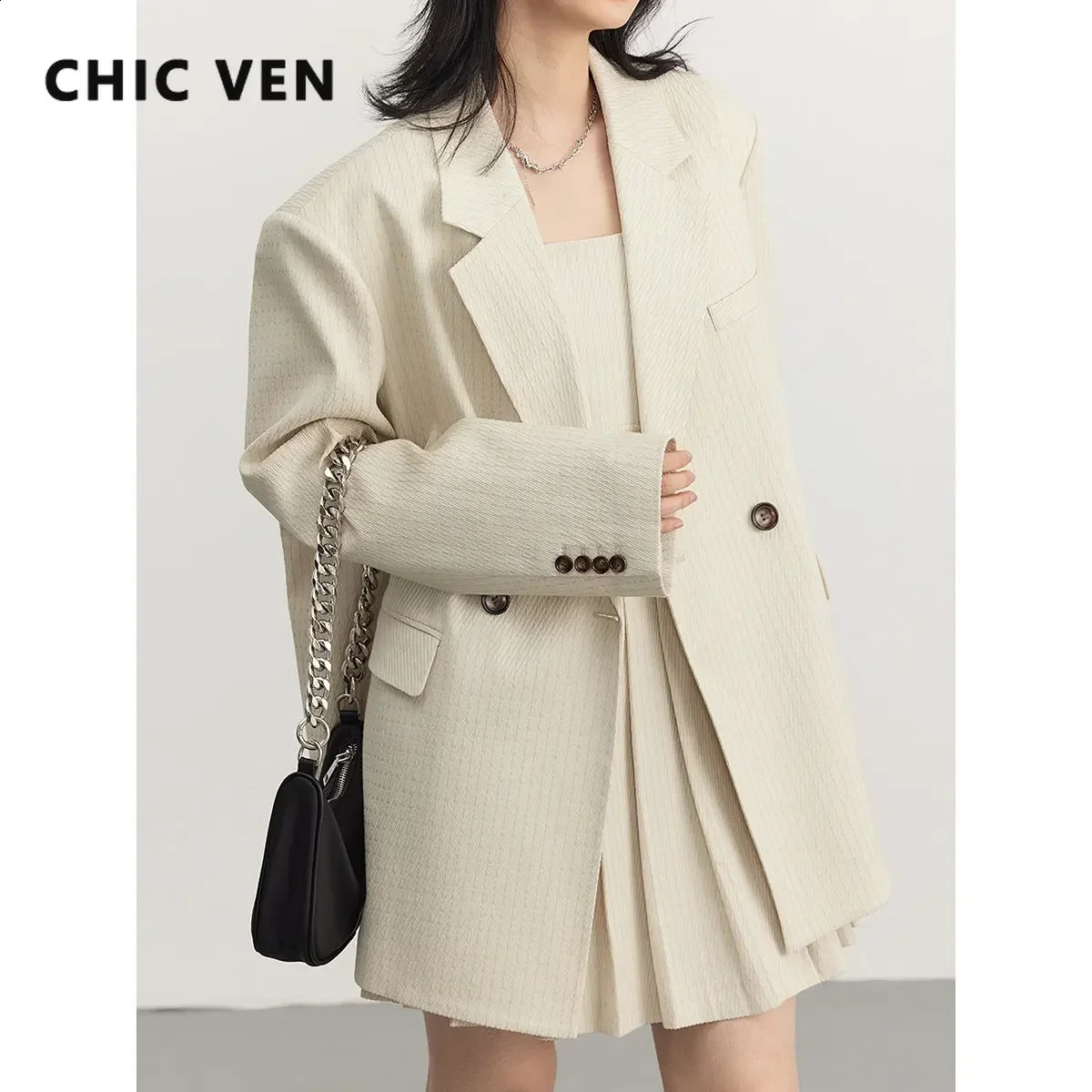 CHIC VEN Women Blazers Loose Texture Twill Jacquard Suit Coat Woman Doublebreasted Overcoat Female Jacket Spring Autumn 2025 250828