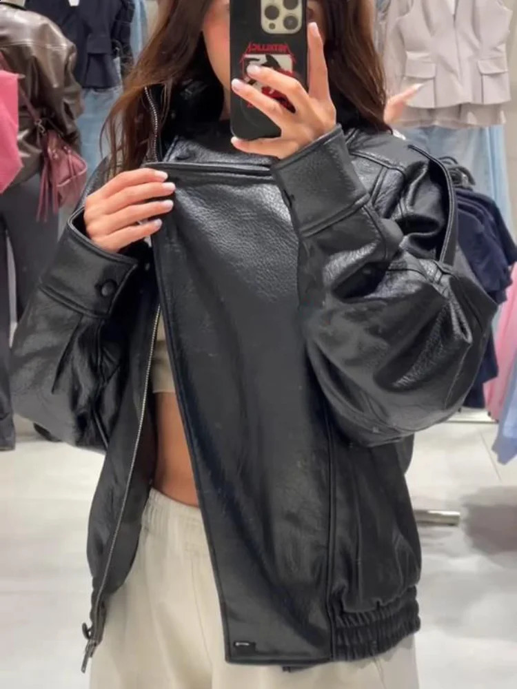 Street Black Pu Women Leather Jackets Loose Stand Collar Full Sleeve Button Pocket Female Jacket 2025 Autumn Lady Streetwear 250828