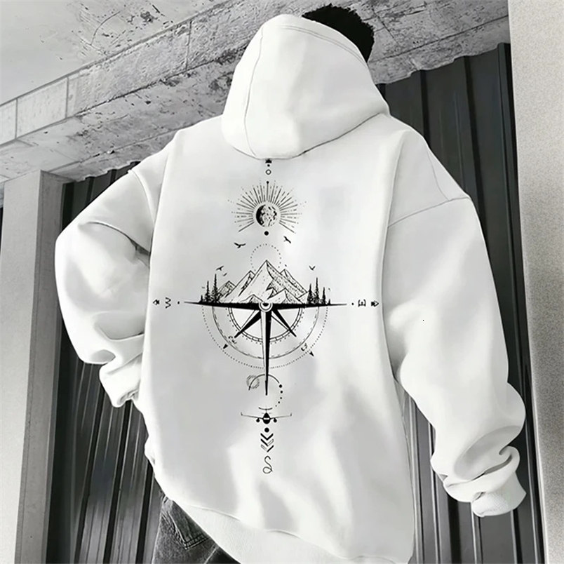 Vintage Compass Print Hoodies for Men High Quality Hooded Long Sleeve Pullover All Season Daily Casual Sports Tops Mens Clothes250828