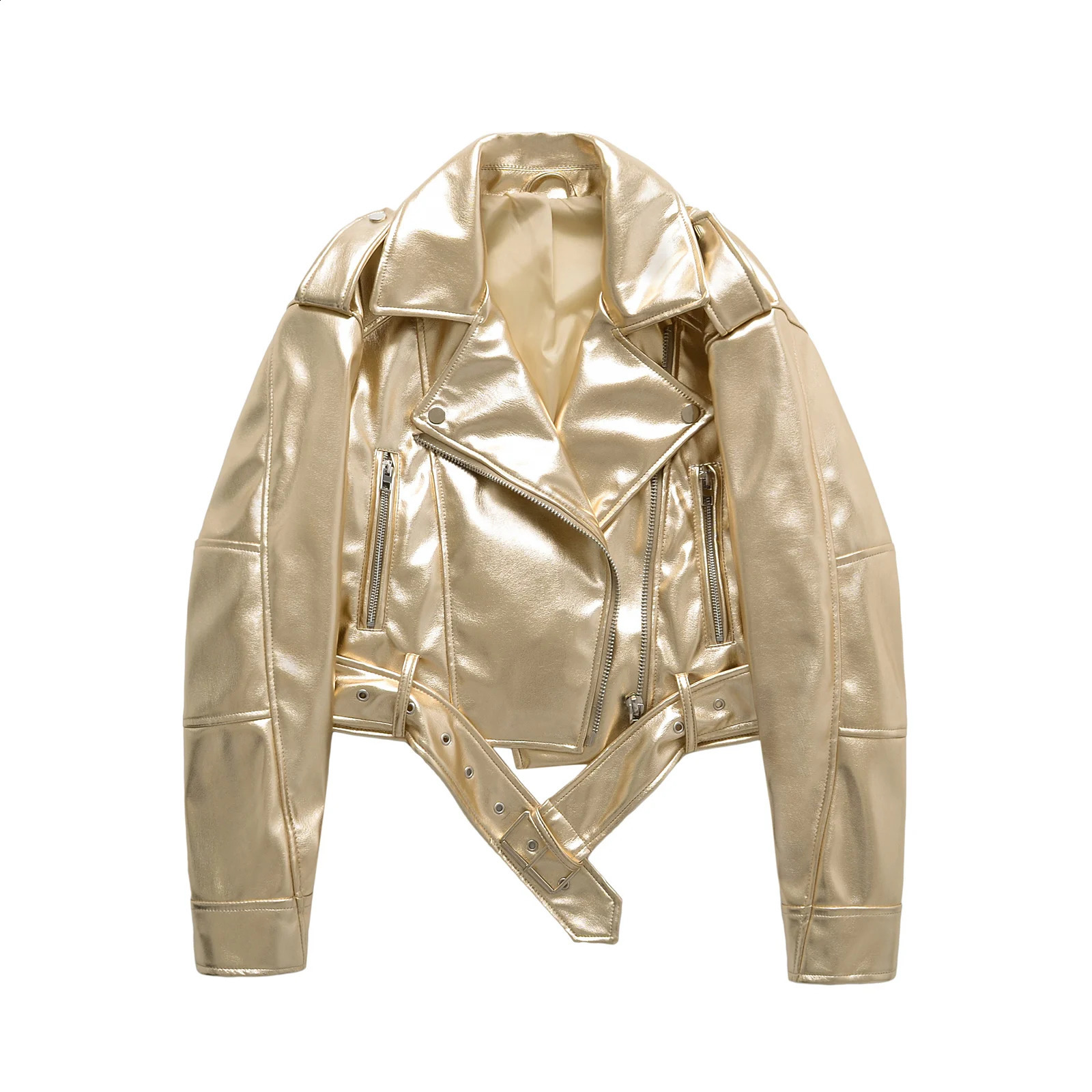 TRAF Spring Autumn womens Fashion Casual Golden Short Faux Leather Jacket Streetwear Female Zipper Belt Loose Coat Outwear Tops 250828